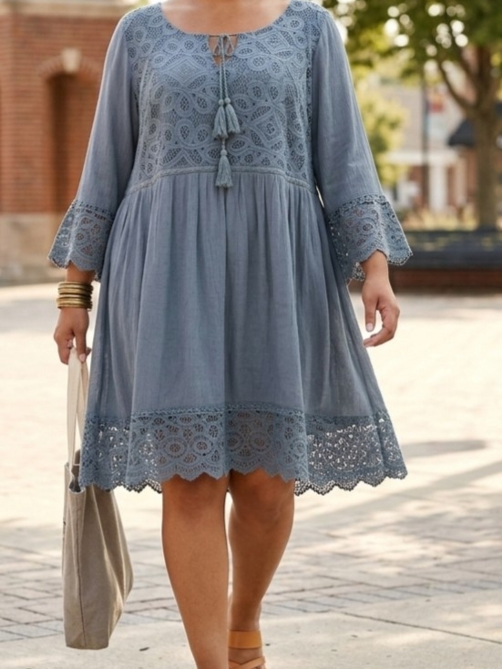 ARTESIA Womens XXL Academy Blue Boho Crochet Lace Tassel Keyhole Dress